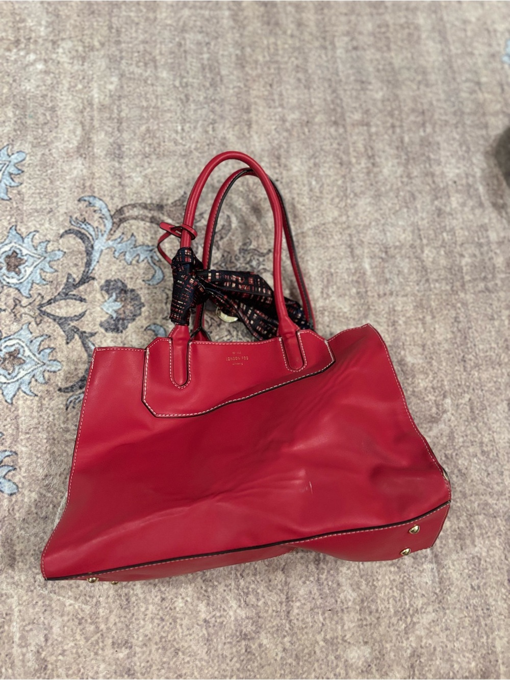 London Fog Red Leather Tote with Patterned Handle Scarf